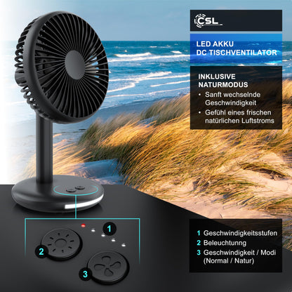 CSL - Table Fan with 2000 mAh Battery - USB Fan - Desk Fan - 3-speed - Energy Efficient - Very Quiet