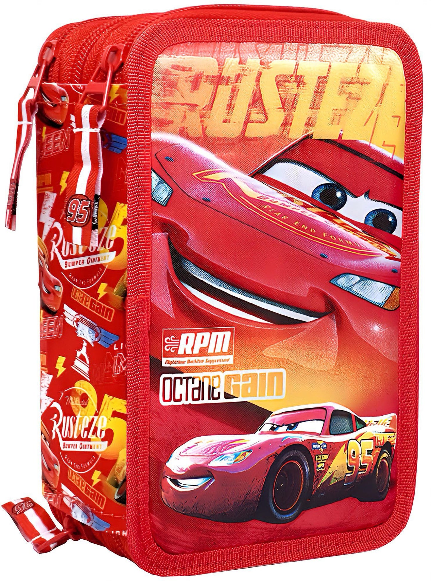 Clondo Cars pencil case, pencil pouch, 3-tier filled with 44 pieces for school, 20 cm, Lightning McQueen