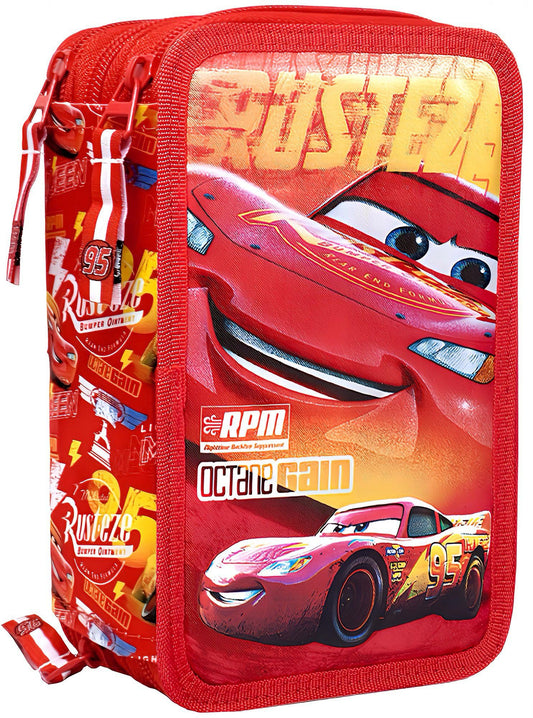 Clondo Cars pencil case, pencil pouch, 3-tier filled with 44 pieces for school, 20 cm, Lightning McQueen