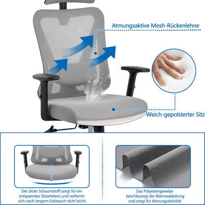 Yaheetech Office Chair Ergonomic, Desk Chair with Adjustable Headrest, Armrests, Lumbar Support, Lockable Height-adjustable Swivel Chair with 90°-130° Reclining Function Light Gray