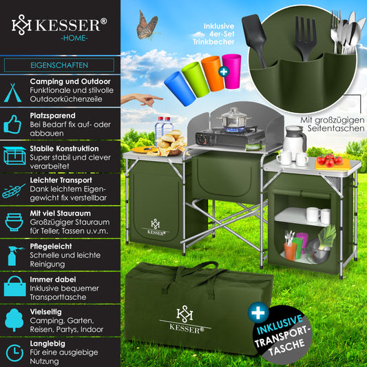 KESSER® camping kitchen | Includes carrying bag & cup set | Folding camping cabinet | with aluminum frame | Travel kitchen | Kitchen box | Tent cabinet | Outdoor camping kitchen | Khaki | Type Big
