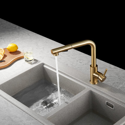 KINSE kitchen faucet with pull-out spray, stainless steel sink faucet kitchen, 2 spray modes, 360° swivel, brushed gold.