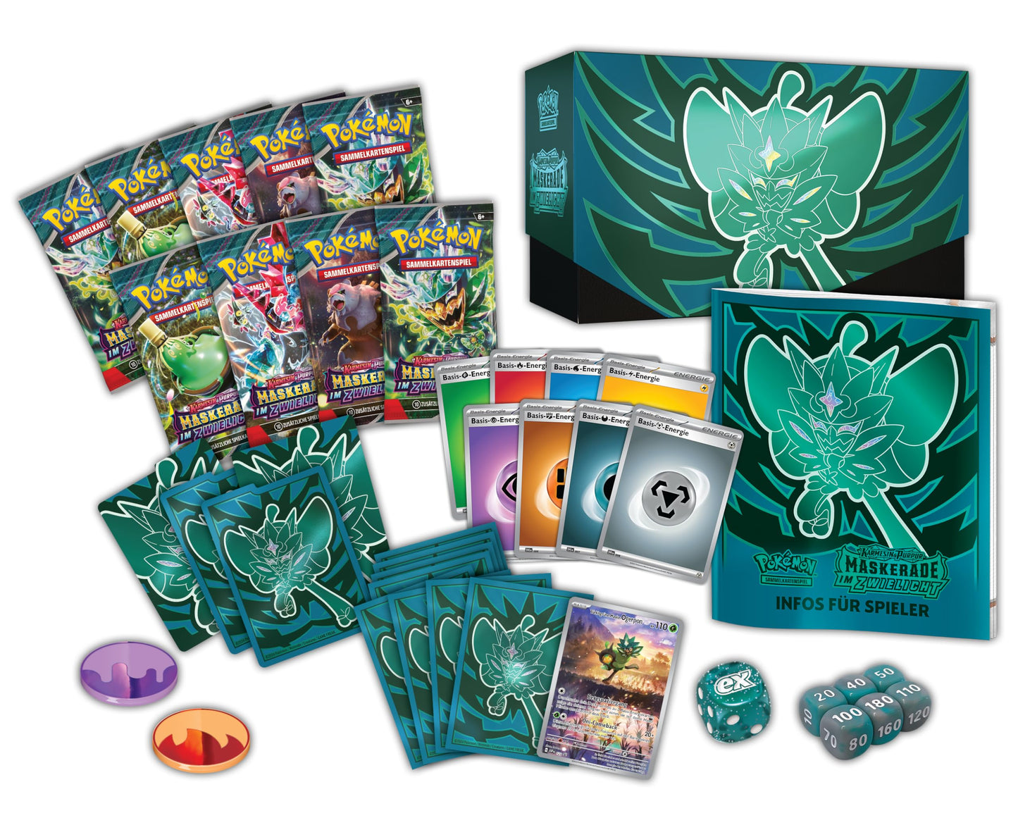 Pokémon Trading Card Game: Top Trainer Box Crimson & Purple - Masquerade in Twilight (1 full-art promo card featuring Turquoise-masked Ogrepon, 9 booster packs & premium accessories)