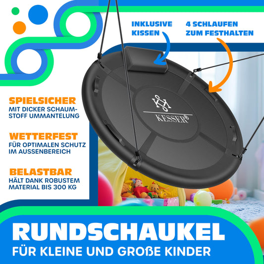 KESSER® Nest Swing Plate Swing Hanging Swing Round Swing Ø 120cm Swing Loadable up to 300kg with Cushion & 4 Handles Adjustable Children's Swing Indoor & Outdoor for Kids & Adults Charcoal Gray