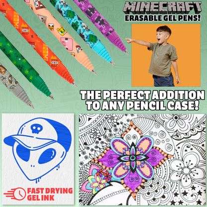 Minecraft Gel Pen Erasable 6-Pack, Erasable Gel Pen Set - Back to School Gifts for Boys.