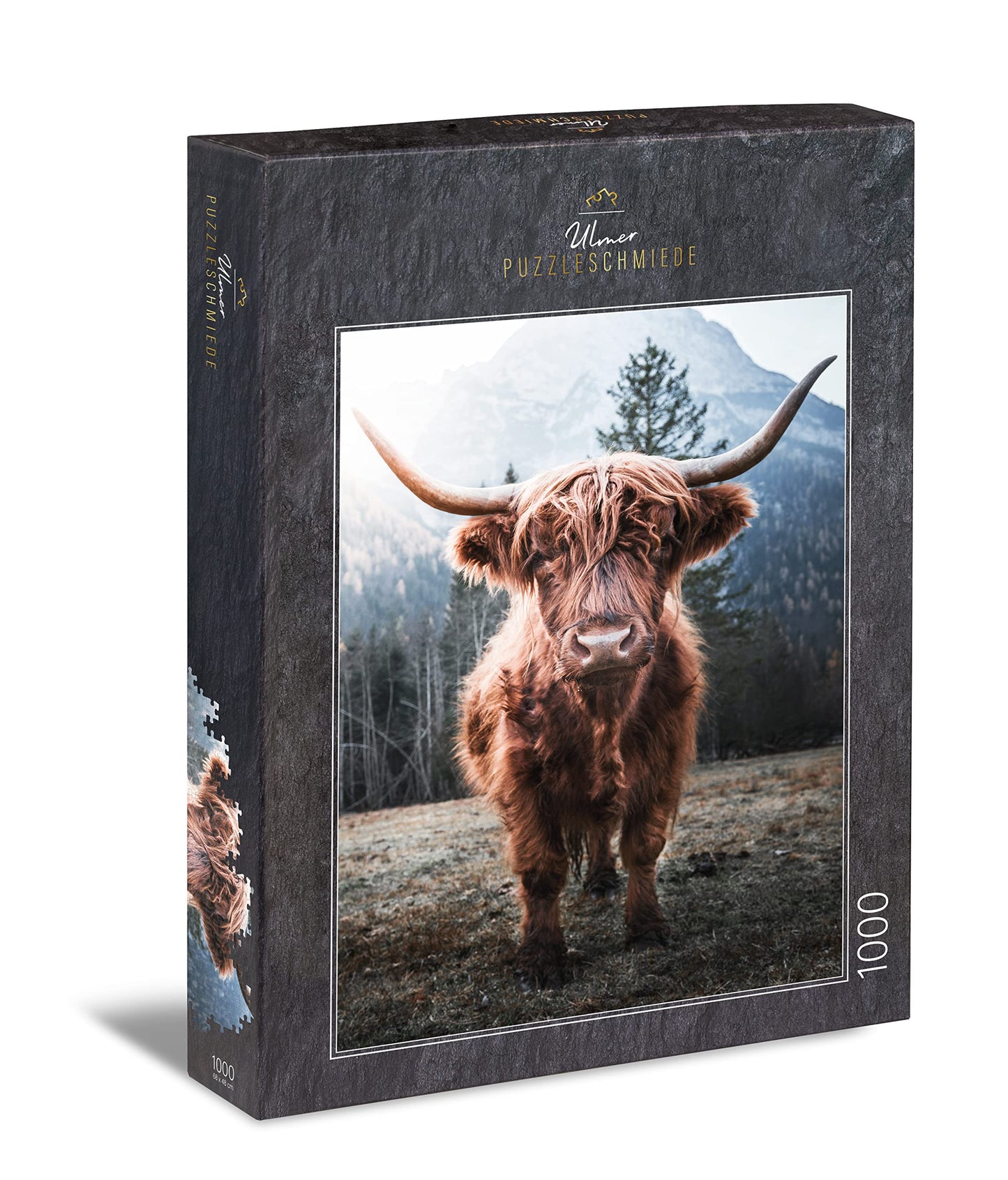 Ulmer Puzzle Forge - Animal Puzzle "Highland" - Classic 1000 piece puzzle - Puzzle motif of a powerful Highland cattle in the cow pasture in front of a frosty Alpine backdrop.