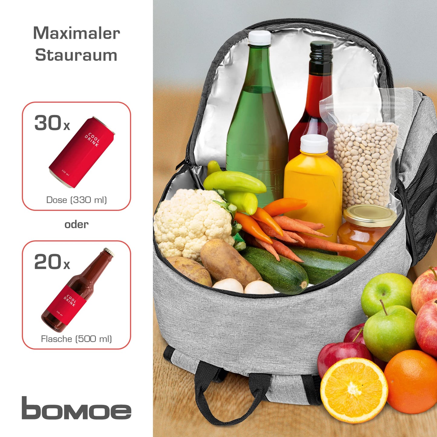 bomoe Cooler Backpack 25L - Outdoor backpack with 16h cooling function - Beach backpack with plenty of pockets to store items - Insulated cooler backpack - Grey cooler backpack - IceBreezer KR45