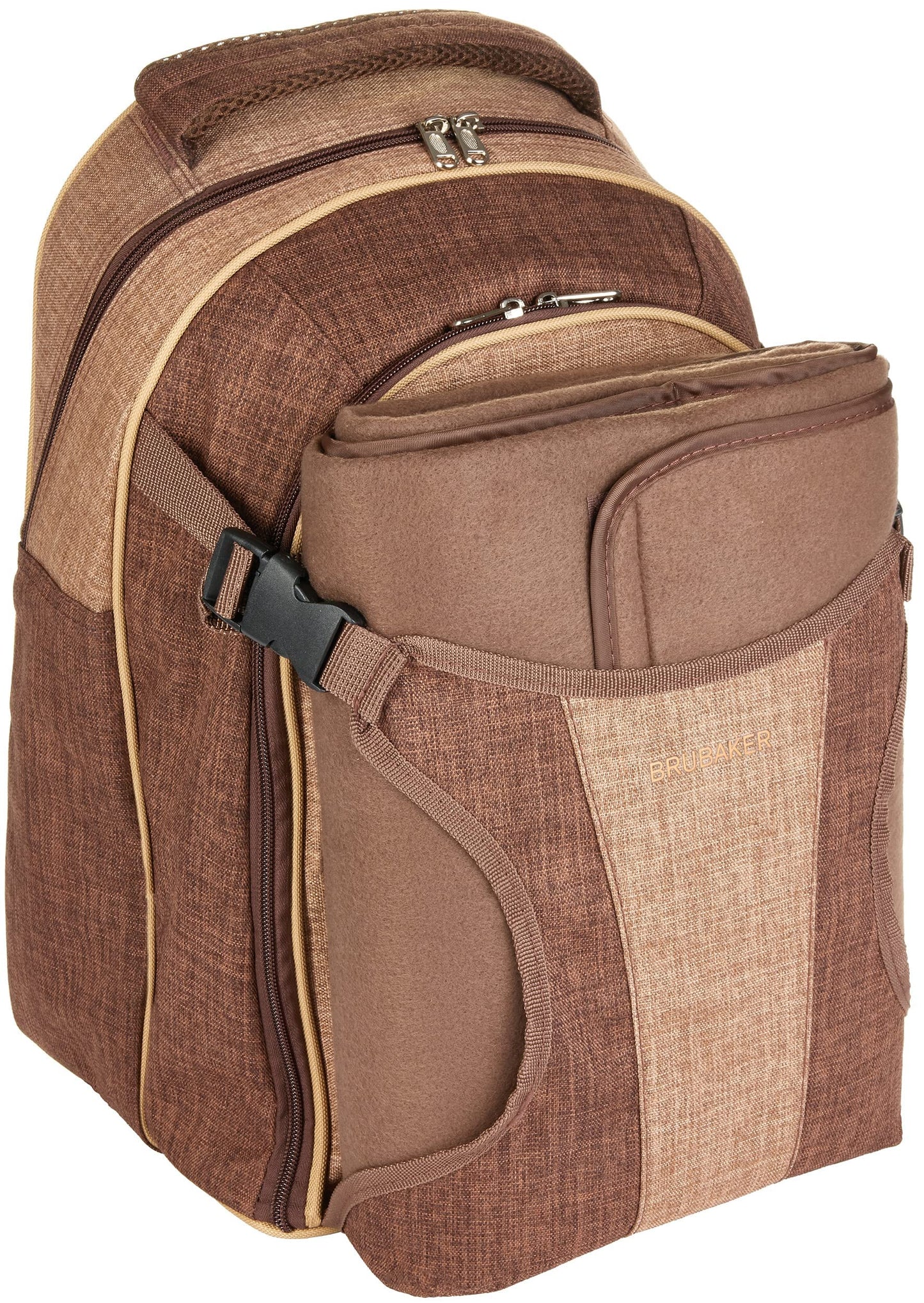 BRUBAKER picnic backpack for 4 persons brown 28.5 × 42.5 x 19 cm - incl. cooler compartment + fleece picnic blanket with waterproof underside