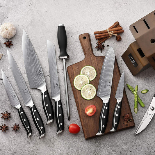9-piece kitchen knife set sharpening for chef knife set with block, Damascus professional knife stainless steel steak knives with wooden handle kitchen knife sharpener and scissors by NanFang Brothers