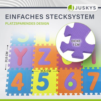 Juskys Kids puzzle mat Kim 36 pieces with letters A-Z & numbers 0-9 - non-slip & wipeable puzzle from 10 months - Eva foam - play mat