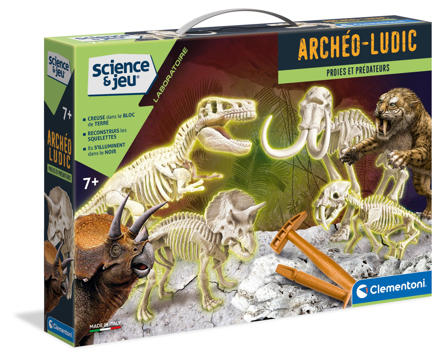 Clementoni Archeo Ludic Set - Prey and Predators Kids 7 years + | Scientific Gift | Paleontology set with glow-in-the-dark skeletons | Educational activity | Augmented Reality