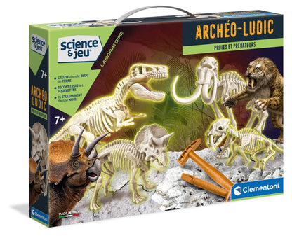 Clementoni Archeo Ludic Set - Prey and Predators Kids 7 years + | Scientific Gift | Paleontology set with glow-in-the-dark skeletons | Educational activity | Augmented Reality