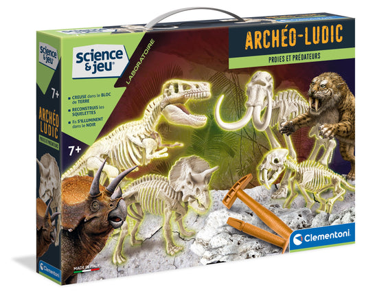 Clementoni Archeo Ludic Set - Prey and Predators Kids 7 years + | Scientific Gift | Paleontology set with glow-in-the-dark skeletons | Educational activity | Augmented Reality