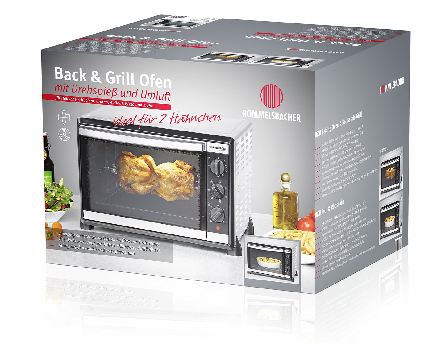 ROMMELSBACHER Back & Grill Oven BG 1805/E - 42 liter capacity, 7 heating modes, convection, rotisserie, temperature range of 80-230 °C, double glazed door, interior lighting, timer, 1800 W, stainless steel.