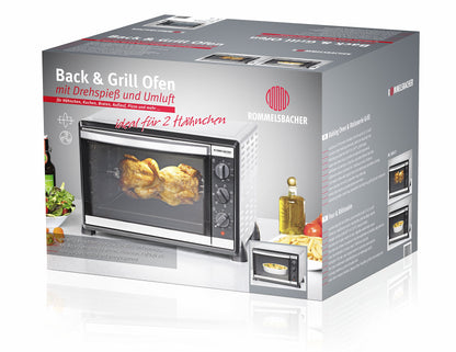 ROMMELSBACHER Back & Grill Oven BG 1805/E - 42 liter capacity, 7 heating modes, convection, rotisserie, temperature range of 80-230 °C, double glazed door, interior lighting, timer, 1800 W, stainless steel.