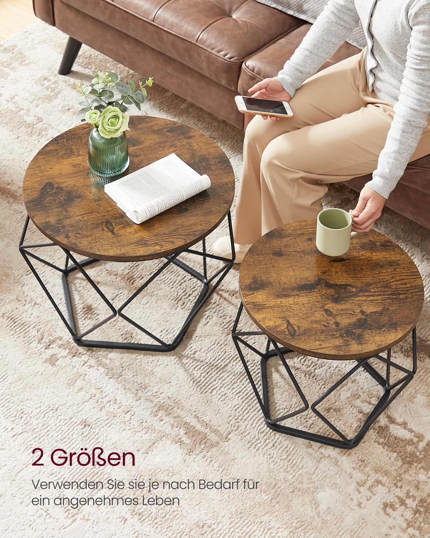 VASAGLE round coffee table, set of 2, living room table, side table, vintage flair, removable tabletop, for living room, vintage brown-ink black LET040B01