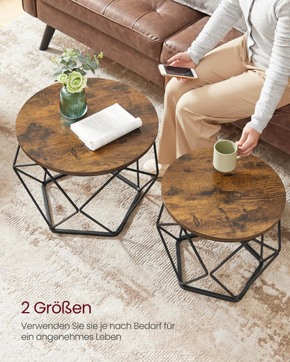 VASAGLE round coffee table, set of 2, living room table, side table, vintage flair, removable tabletop, for living room, vintage brown-ink black LET040B01