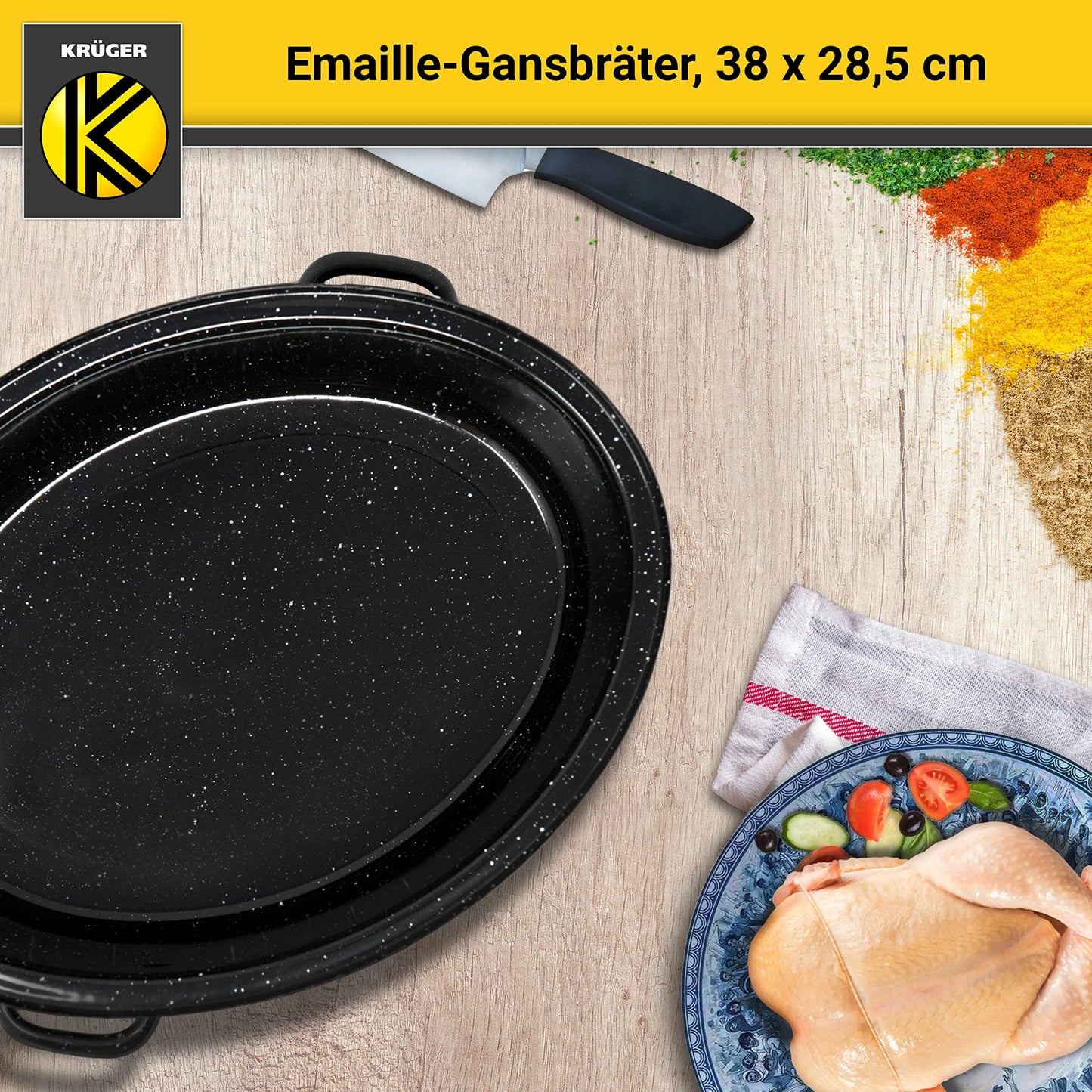 Krüger enameled goose roaster with drip lid - high-quality roaster - suitable for all stove types - excellent for roasts and poultry (enamel - black-white speckled (38 x 28.5 cm))