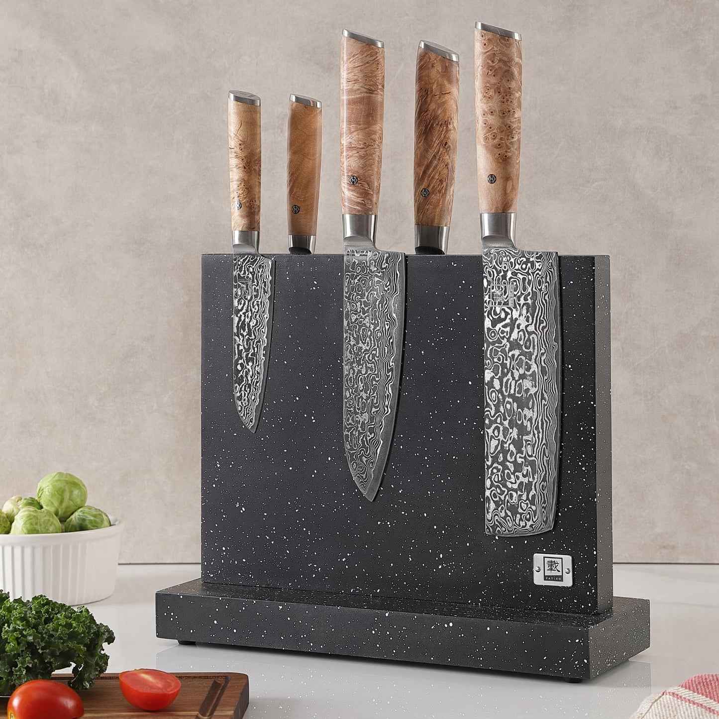 Zayiko Magnetic Knife Block without Knives - Wood in Marble Look - Kitchen Organizer with Dual Magnetic Strips with Non-Slip Feet - for up to 12 Knives - Magnetic Knife Holder without Knives