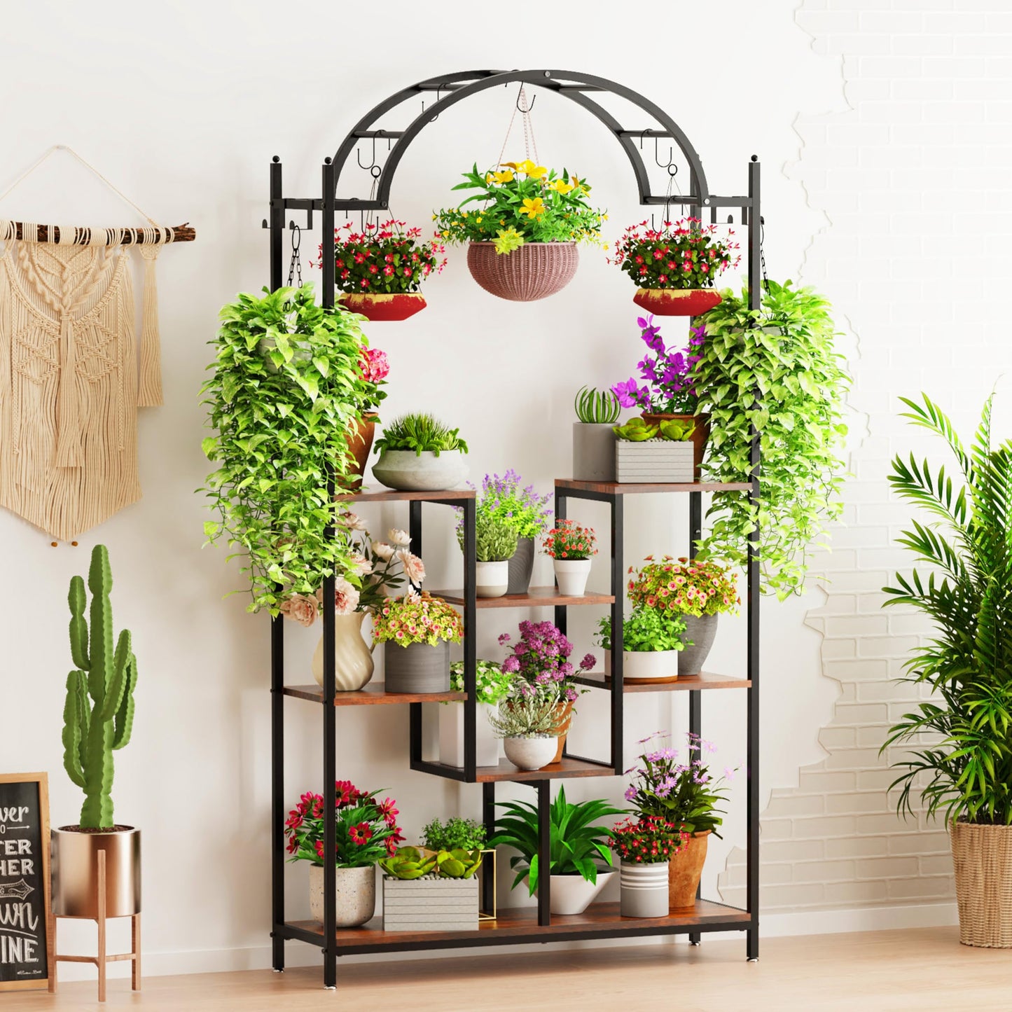 unho 5-tier flower stand with 16 hooks, plant shelf 190cm tall plant stand flower rack for indoor balcony floor living room