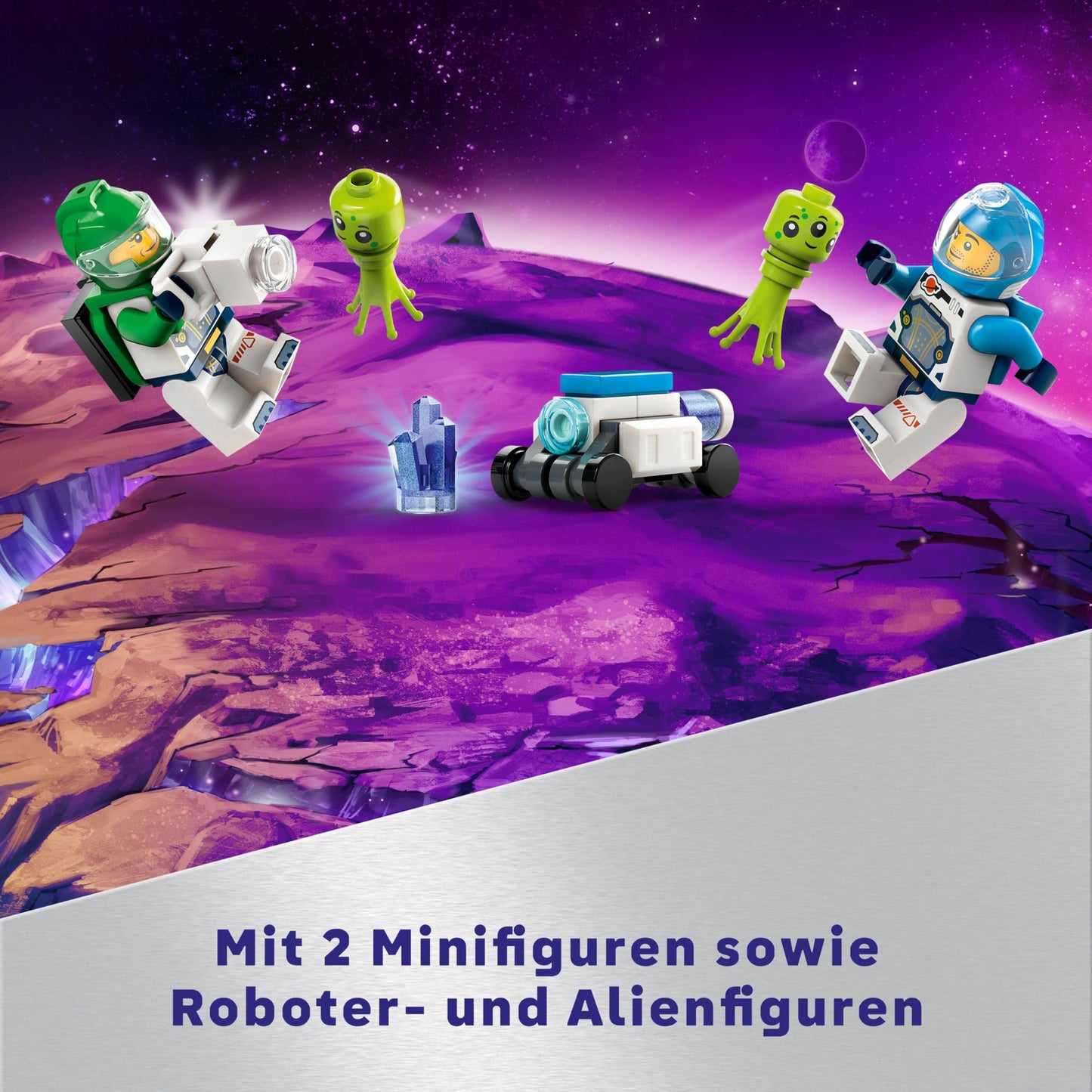 LEGO City Space Rover with Aliens, Car set with robot and alien toy figures, birthday gift for boys and girls ages 6+, includes 2 minifigures and planet backdrop 60431