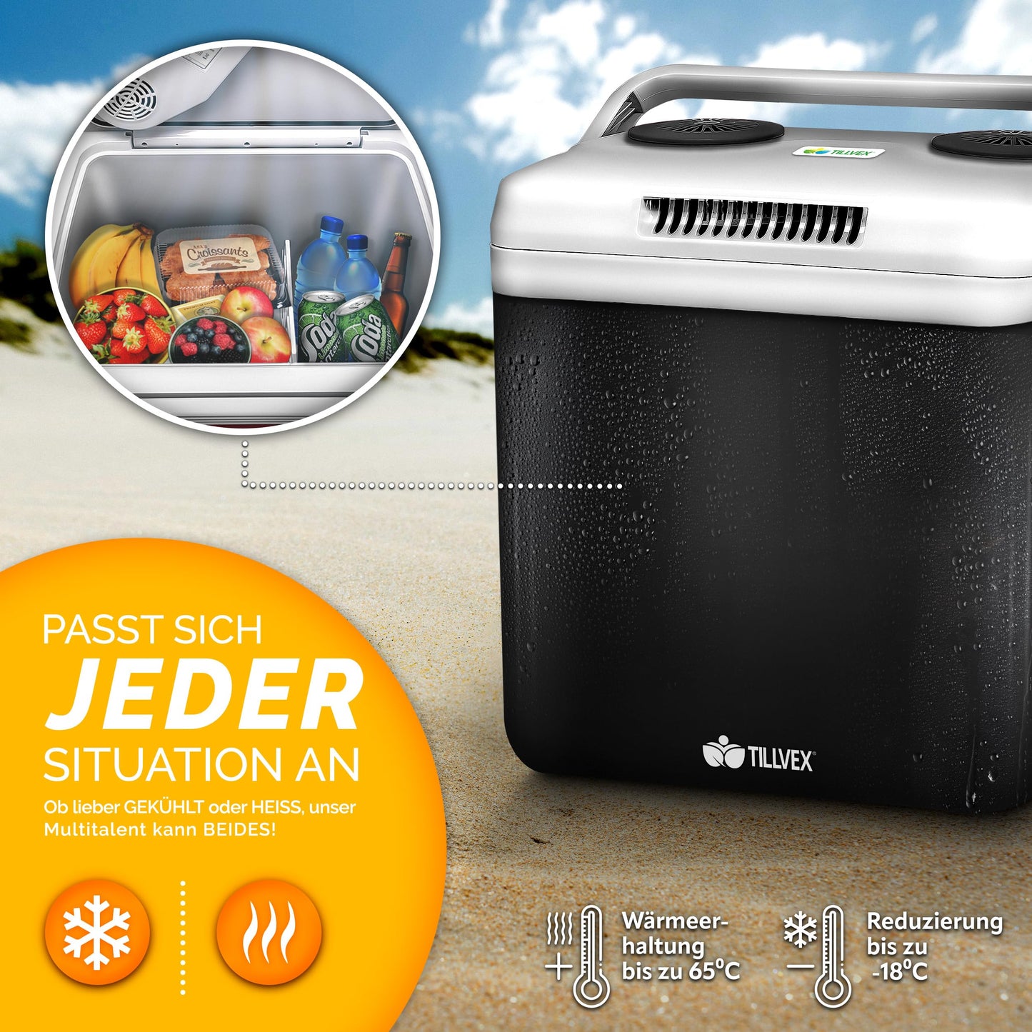 tillvex Electric Cooler 32L | Mini Fridge 230V and 12V for Car Camping | cools & heats | ECO mode (Charcoal)