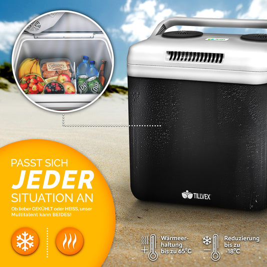 tillvex Electric Cooler 32L | Mini Fridge 230V and 12V for Car Camping | cools & heats | ECO mode (Charcoal)
