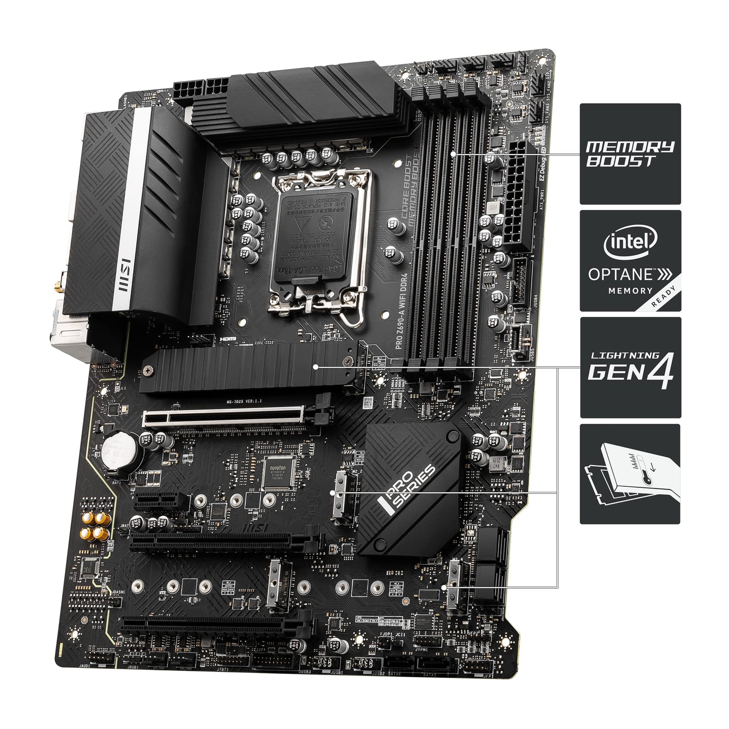 MSI PRO Z690-A WIFI DDR4 ATX motherboard supports 12th Gen Intel processors, LGA 1700 - 14 Duet Rail 55A VRM, Memory Boost 5200MHz/OC, 1 x PCIe 5.0 x16, 3 x M.2 Gen4 x4, 2.5G LAN, Wi-Fi 6.