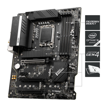 MSI PRO Z690-A WIFI DDR4 ATX motherboard supports 12th Gen Intel processors, LGA 1700 - 14 Duet Rail 55A VRM, Memory Boost 5200MHz/OC, 1 x PCIe 5.0 x16, 3 x M.2 Gen4 x4, 2.5G LAN, Wi-Fi 6.