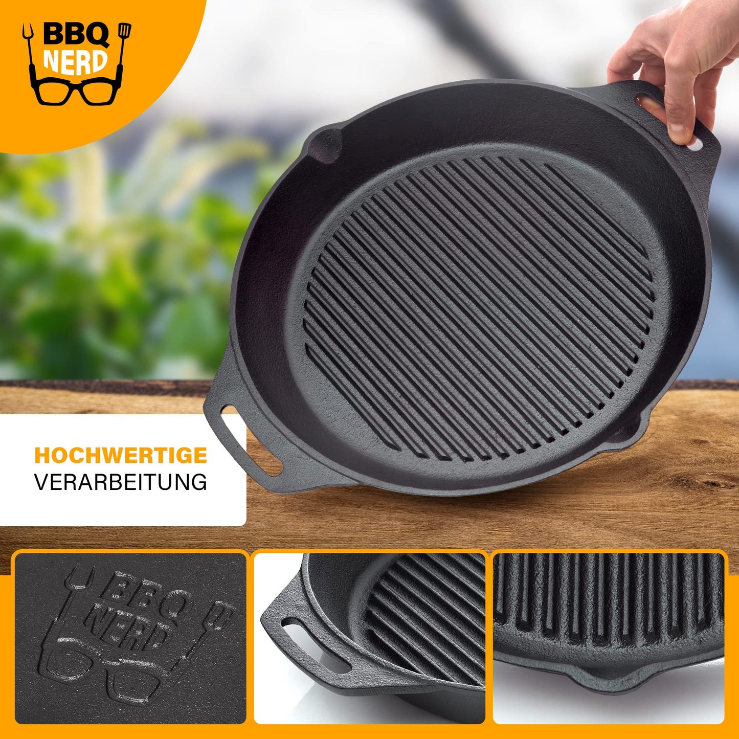 BBQ Nerd Cast Iron Grill Pan - with ridged bottom for beautiful grill marks - Steak Pan Ø 35 cm 4550g with spout and handle - Non-stick pan Skillet Outdoor Pan