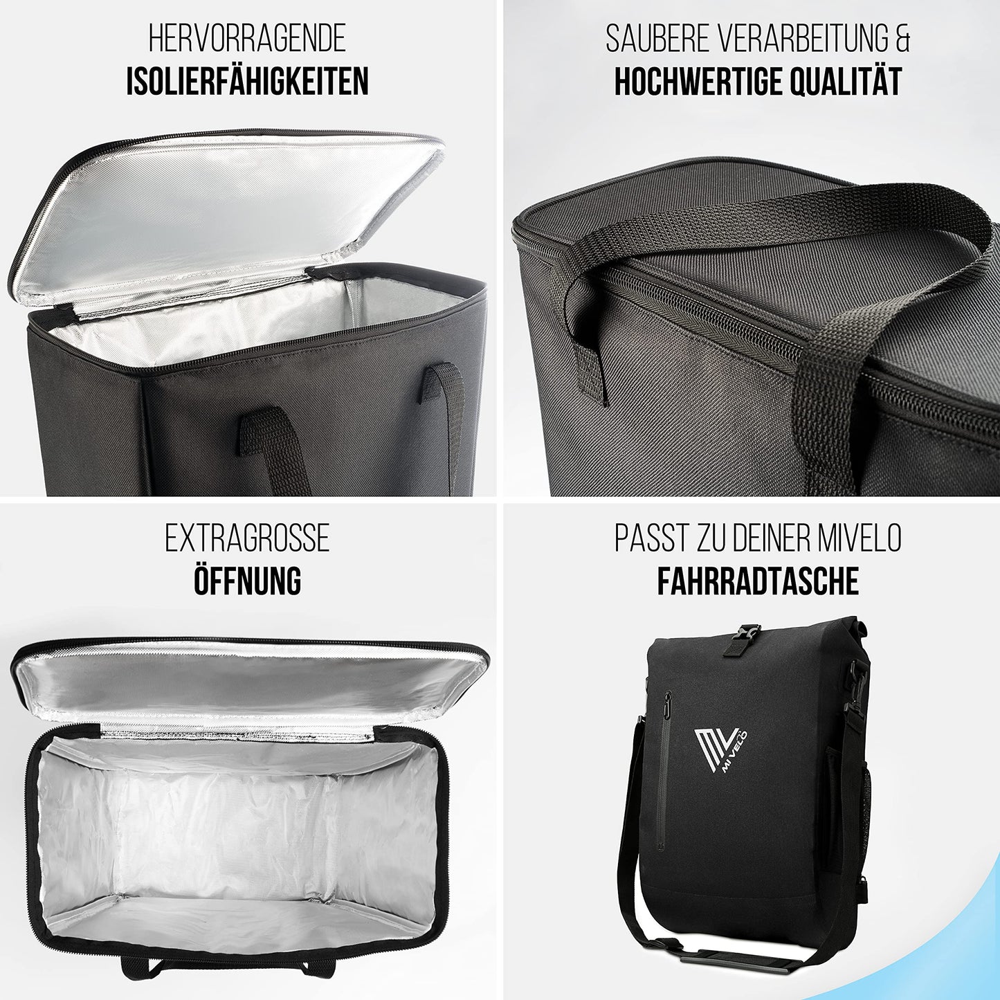 MiVelo - Insulated bike cooler bag - Insert for bike panniers rack - Foldable shopping bag - Picnic accessory - Carry bag (15L)
