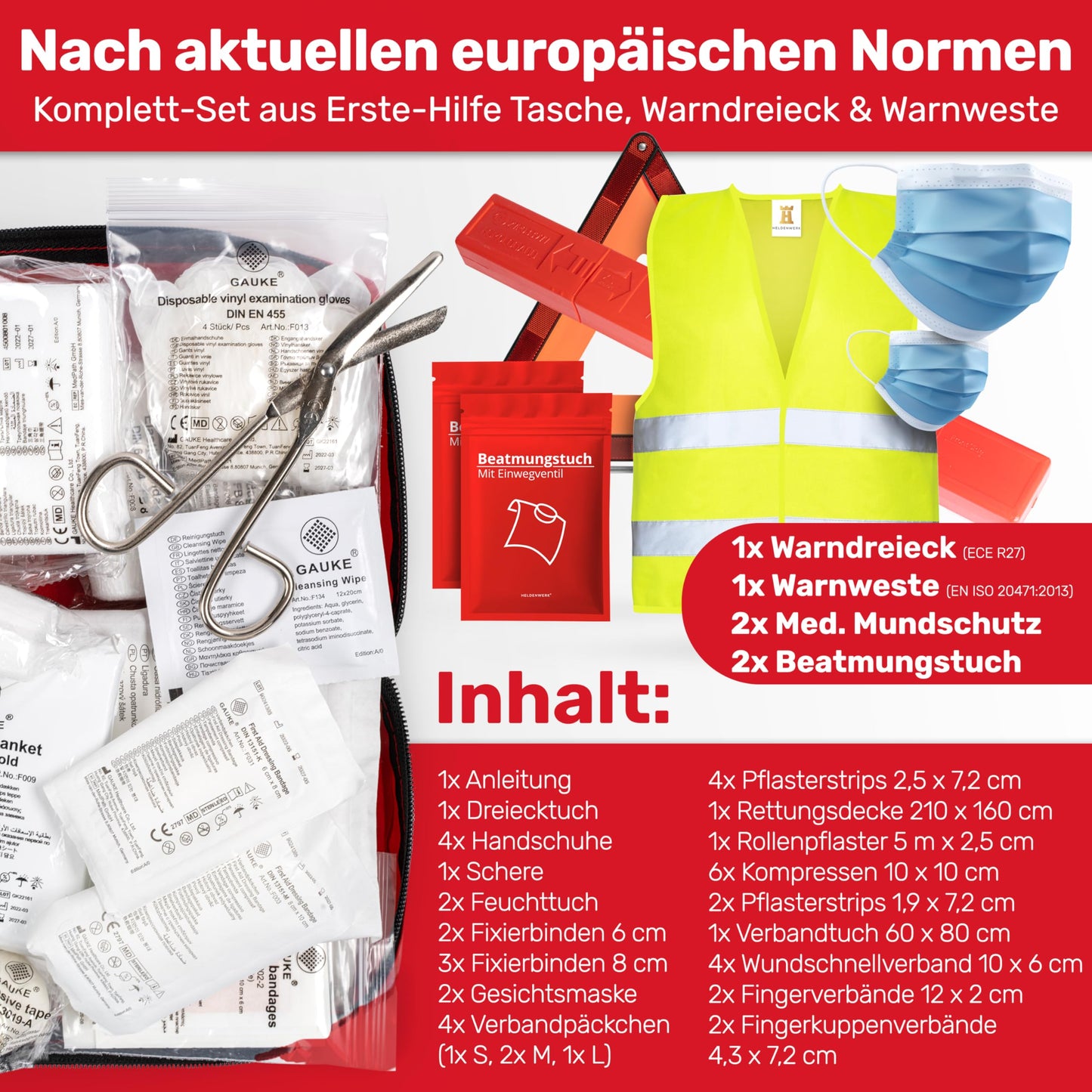 Automobile combination bag (3 in 1) according to current standard 2025 - Including warning triangle, reflective vest, and first aid kit. Warning triangle set FIRST AID KIT Auto DIN 13164:2022 (StVO compliant)