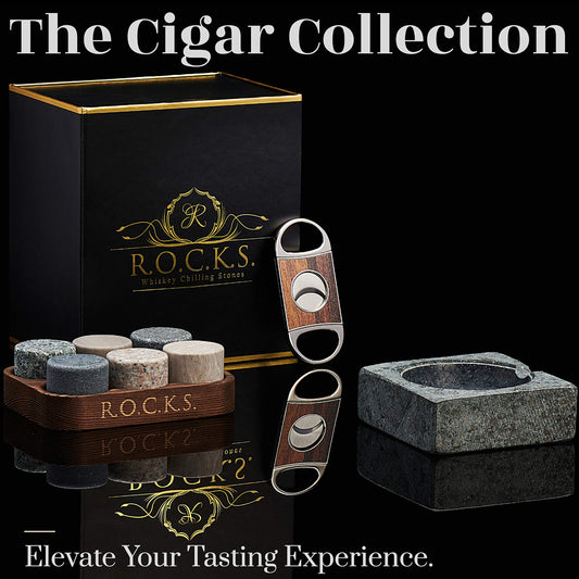 Whiskey Stones Gift Set with Cigar Cutter & Cigar Ashtray - 6 Handcrafted Premium Granite Stones - Luxurious Whiskey & Cigar Accessories Gold Foil Gift Box