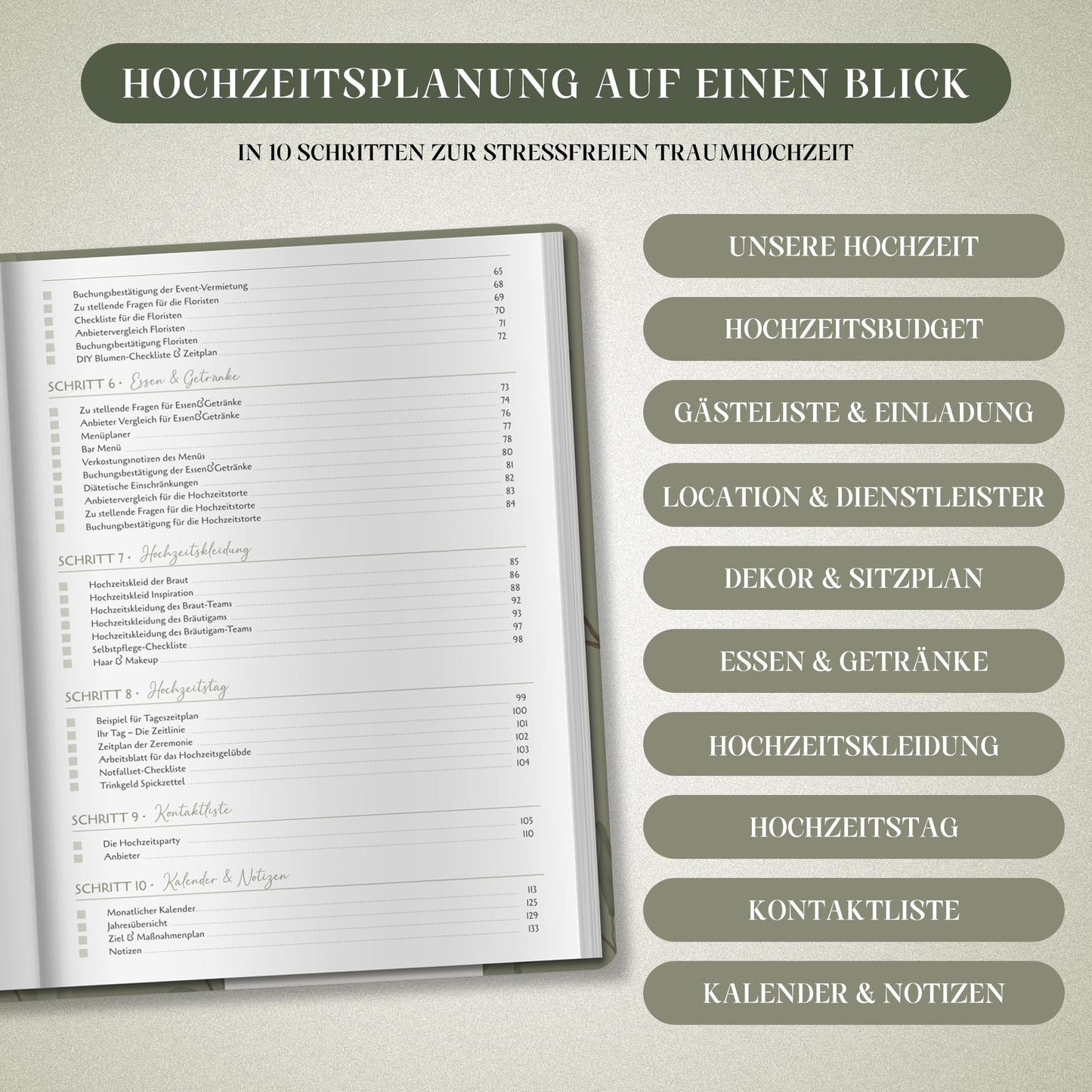 Wedding planner in German A4 | 180° lay-flat design | 160 pages with schedule, checklists, tips, and calendar | Perfect engagement gift for couples.