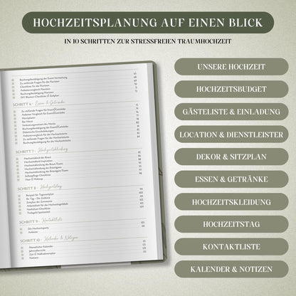 Wedding planner in German A4 | 180° lay-flat design | 160 pages with schedule, checklists, tips, and calendar | Perfect engagement gift for couples.