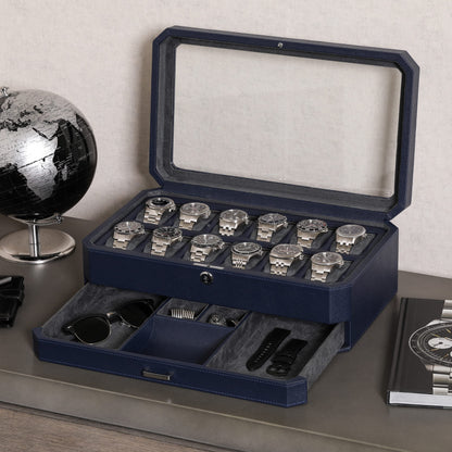 ROTHWELL 12-Slot Leather Watch Box with Valet Drawer is a luxury watch case display organizer. It features a microsuede liner and can hold men's accessories and jewelry in dark blue/grey.