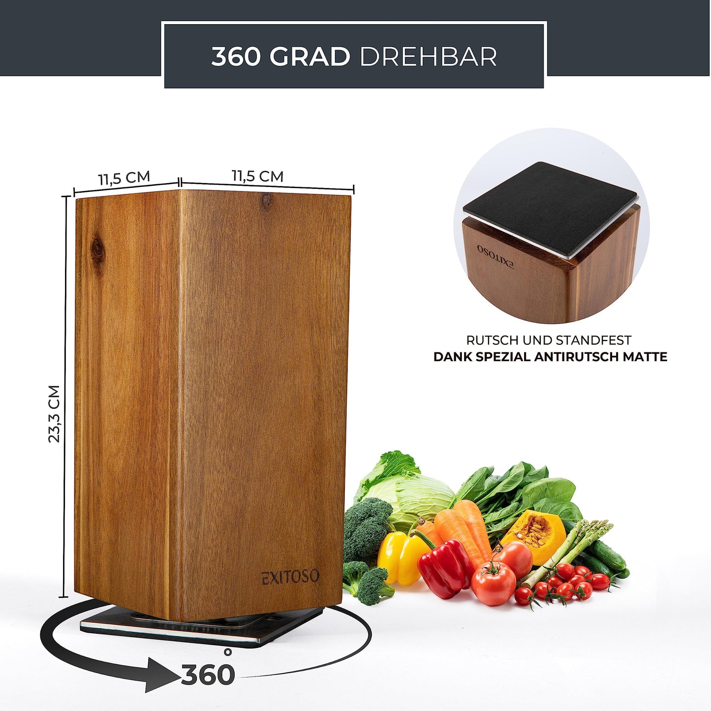 Successful NEW Acacia Knife Block, 360-degree Rotating with External Magnets & Removable Bristle Insert - Holds up to 20 knives | Secure Knife Storage Wooden Knife Block (knives not included)