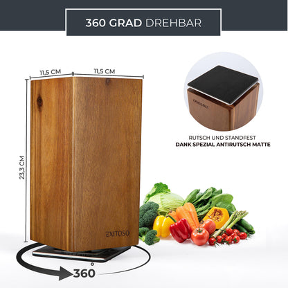 Successful NEW Acacia Knife Block, 360-degree Rotating with External Magnets & Removable Bristle Insert - Holds up to 20 knives | Secure Knife Storage Wooden Knife Block (knives not included)