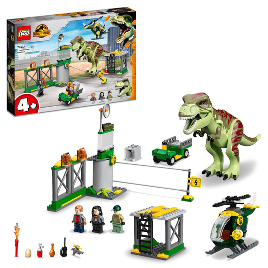 LEGO Jurassic World T. Rex Escape, dinosaur toy for ages 4+, set includes large dino figure, helicopter, airport, and toy car, perfect gift for Jurassic Park movie fans 76944