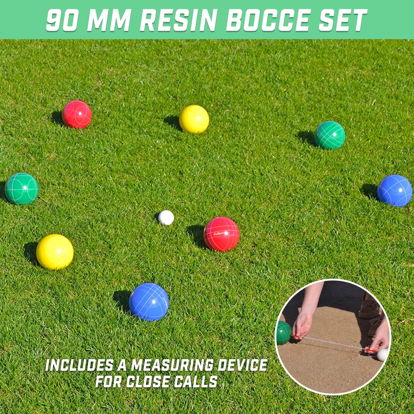 GoSports 90 mm Backyard Bocce Set with 8 balls, Pallino, case, and measuring rope - made of premium resin