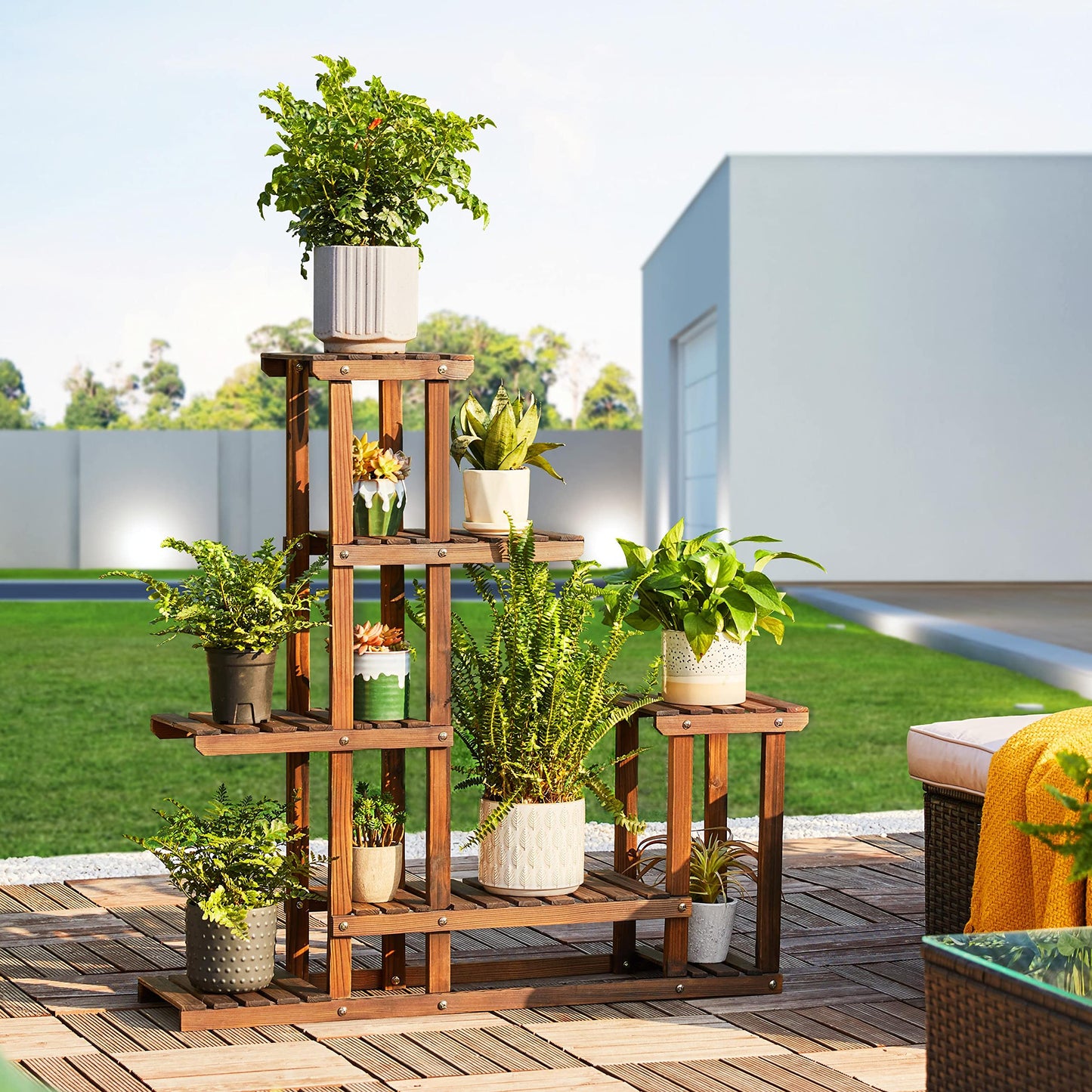 Yaheetech Plant Stand 6 Tier Flower Shelf Flower Bench Wood Rack Flower Ladder Balcony Outdoor Garden Shelf Leaning Shelf Plant Stand 97 x 96 x 25 cm
