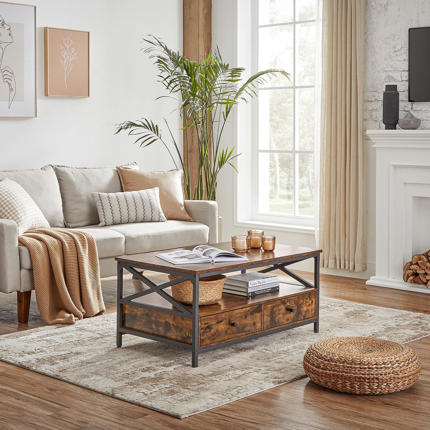 VASAGLE Coffee Table, Living Room Table, Sofa Table, for Living Room, with Drawers, X-Shaped Supports, Open Shelf, Industrial Design, Vintage Brown-Black LCT201B01