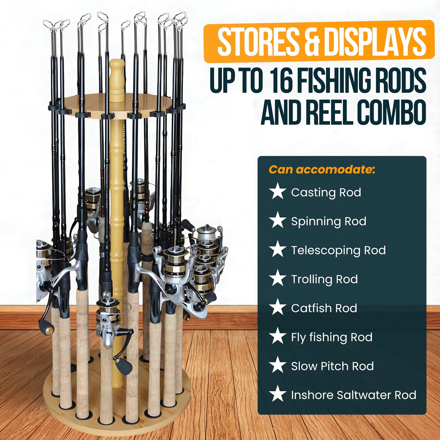 Rush Creek Creations fishing rod holder for garage, fishing rod rack, floor stand for up to 16 rods, fishing gear, storage organizer, fishing gifts for men, 24 rods, light wood
