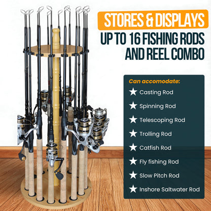 Rush Creek Creations fishing rod holder for garage, fishing rod rack, floor stand for up to 16 rods, fishing gear, storage organizer, fishing gifts for men, 24 rods, light wood