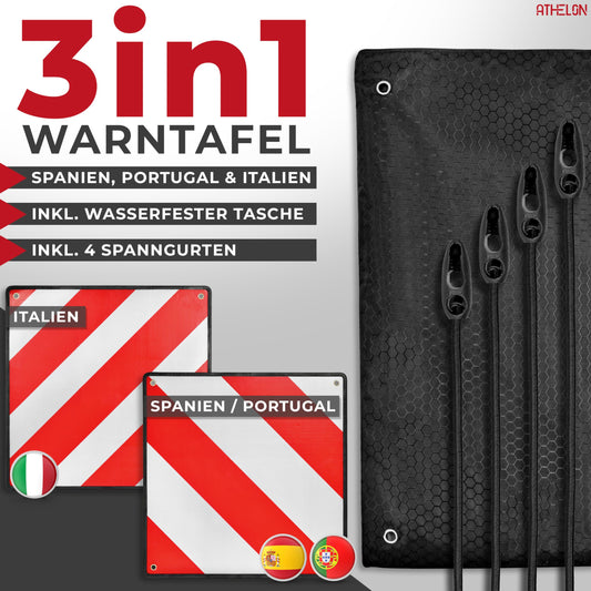 ATHELON® 3in1 warning sign for Italy, Spain & Portugal - Reflective warning sign including 4X tension straps & protective cover - High-quality warning sign Italy for bike carriers & motorhomes