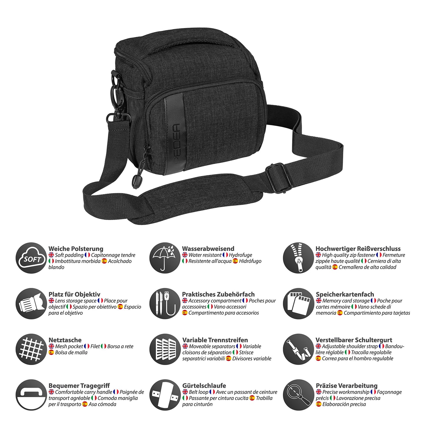 PEDEA DSLR camera bag "Fashion" with screen protector for Canon EOS 5D 5D Mark II 400D 2000D / Nikon D60 D80 D90 D3100 D3200 D3300 D3400 D5300 D7100 / Pentax K 30 K 50 K 500, size L in black.
