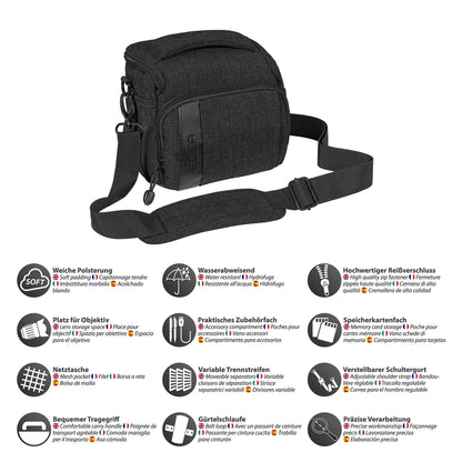 PEDEA DSLR camera bag "Fashion" with screen protector for Canon EOS 5D 5D Mark II 400D 2000D / Nikon D60 D80 D90 D3100 D3200 D3300 D3400 D5300 D7100 / Pentax K 30 K 50 K 500, size L in black.
