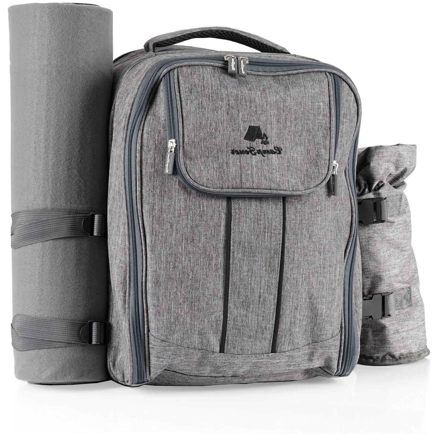 CampFeuer 4-person picnic backpack | Gray | 32-piece picnic set | includes bottle holder and fleece blanket, large cooler compartment, tableware, and cutlery | hiking backpack, camping backpack