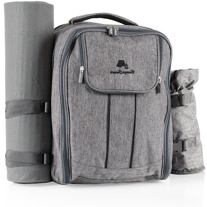 CampFeuer 4-person picnic backpack | Gray | 32-piece picnic set | includes bottle holder and fleece blanket, large cooler compartment, tableware, and cutlery | hiking backpack, camping backpack