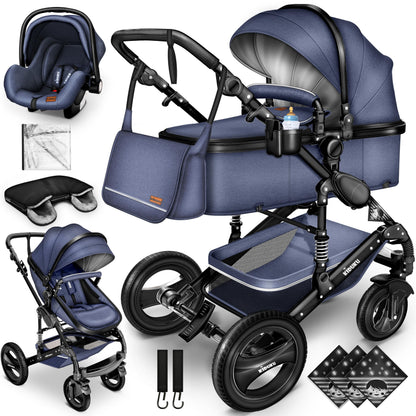 KIDUKU® 3 in 1 stroller XXL complete set | Combination stroller set including baby tub, buggy seat & car baby seat footmuff | solid rubber tires changing bag hand warmer rain cover child table ECE R129